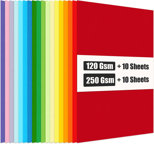 KOOGEL 20PCS Colored Paper, Including 10 Sheets 120gsm Construction paper & 10 Sheets 250gsm Assorted Color Cardstock, for Kids DIY Crafts, School Teaching Supplies