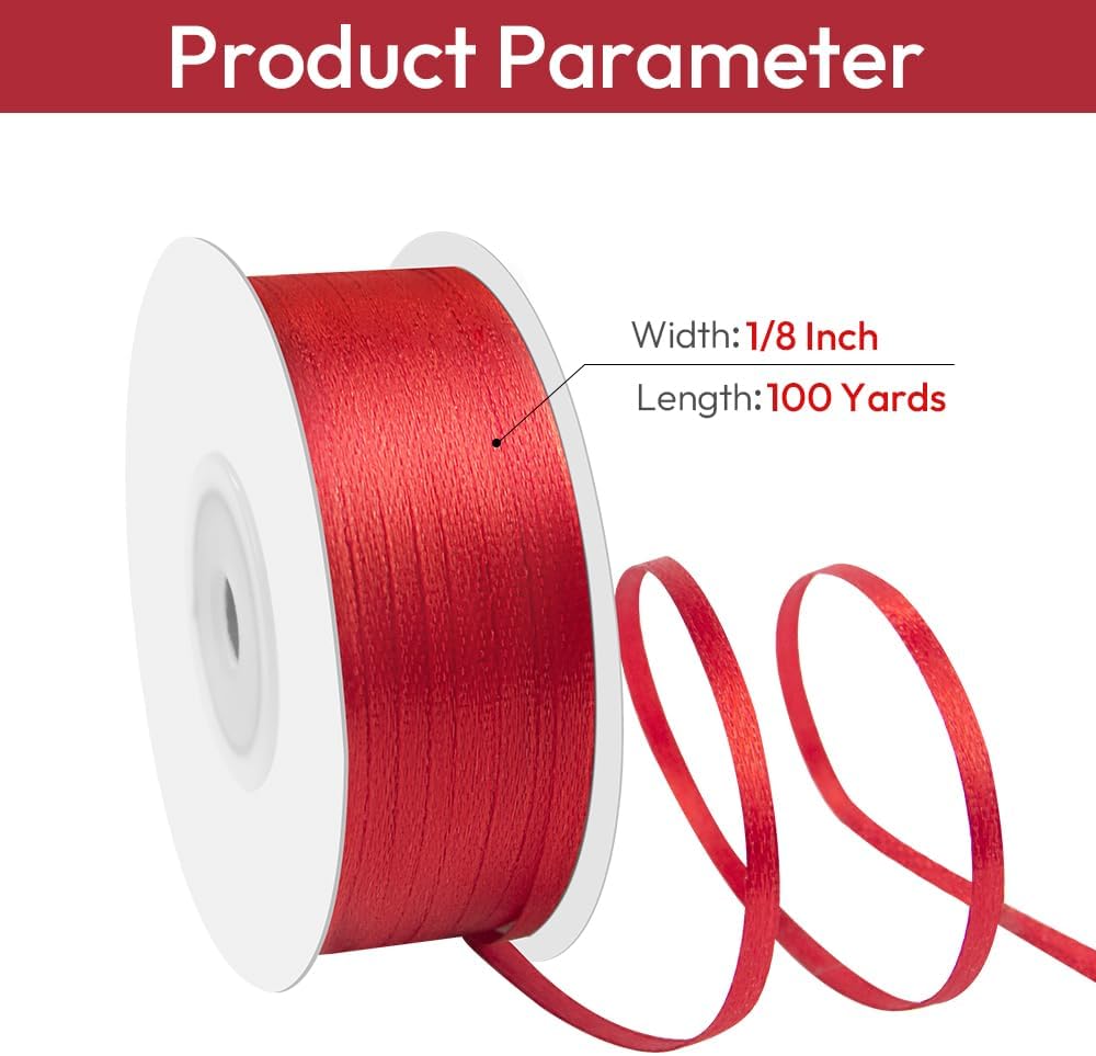 1/8" Width x 100 Yards Satin Ribbon, Thin Red Ribbon Perfect for DIY Craft, Bows, Gift Wrapping, Flower Bouquet, Valentine's Day, Christmas and Party Decoration
