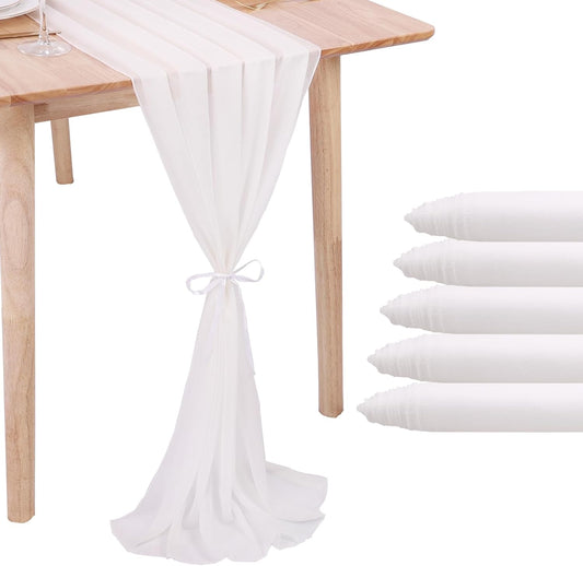 5 Packs 10ft White Chiffon Table Runner 30 x 120 Inches Romantic Sheer Table Runners for Wedding Party Bridal Baby Shower Birthday Holiday Decorations