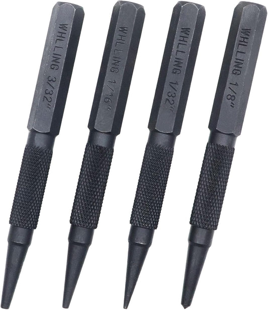 4-Piece Nail Setter Punch and Center Punch Set, Made of High Quality Metal Material with Knurled Grip Includes 1/32", 1/16", 3/32", 1/8" Black-Finished Nail Set