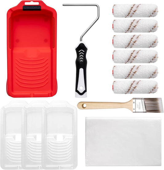Mister Rui Paint Roller Kit-13 Piece, 4-Inch Microfiber Paint Rollers with Ergonomic Handle, Small Roller Paint Brush, Paint Tray with 3 Liners, Perfect for House Painting, Trim, and Touch-Ups