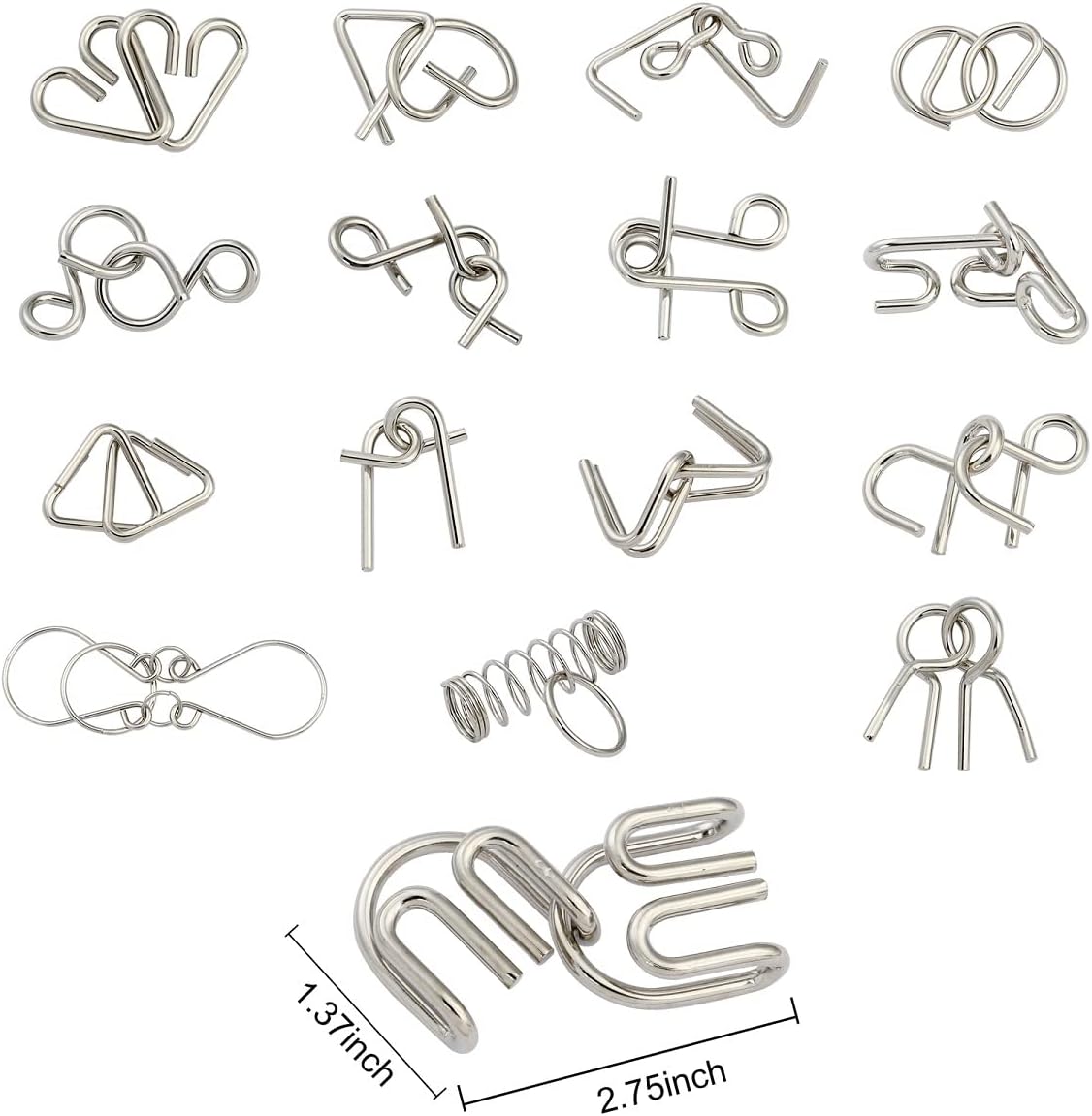 IQ Toys-AB A+B Test Mind Game Brain Teaser Wire Magic Trick Toy IQ Puzzle Set (Pack of 16), Metallic