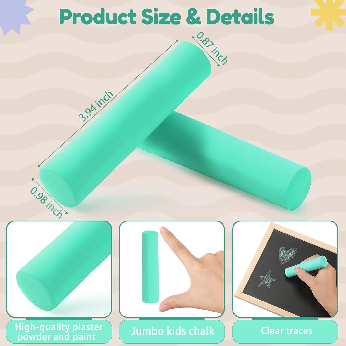 Fulmoon 40 Pcs Jumbo Sidewalk Chalk for Kids Outdoor Art Non Toxic Large Washable Street Chalk for Adults Drawing Painting Classroom(Green,Round Style)
