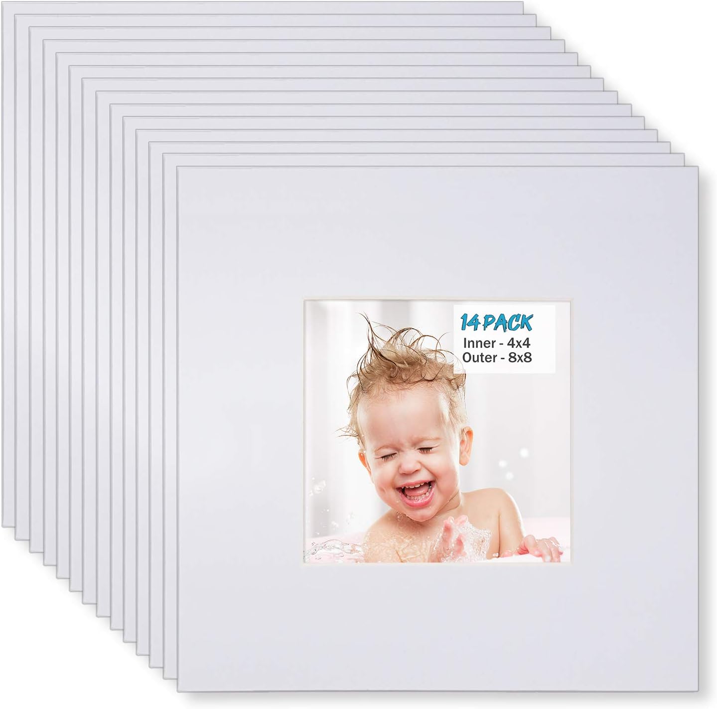 Egofine 8x8 White Picture Mats, Frame Mattes for 6x6 Pictures, Acid Free, 1.2mm Thickness, with Core Bevel Cut - Pack of 14