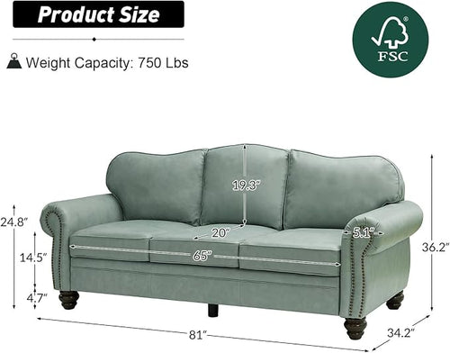 81" Genuine Leather Sofa, Classic 3-Seater Couchs - Image 2