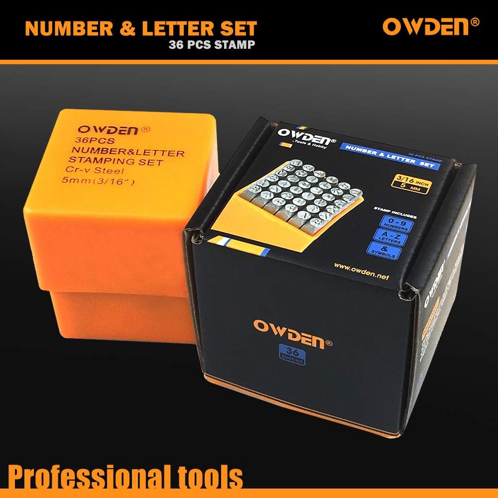 OWDEN Professional 36Pcs. Steel Metal Stamps Set,(3/16”) 5mm,Steel Number and Letter Punch Set,Alloy Steel Made HRC 58-62 for Jewelry Craft Stamping.