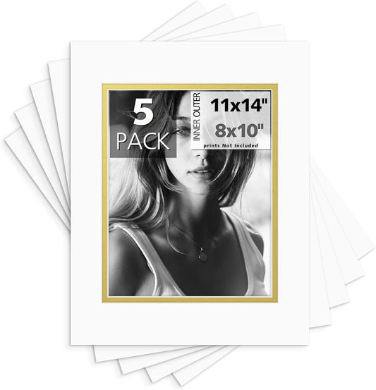 Mat Board Center, Double Mat - Acid Free, 8-ply Thickness, White Core - for Pictures, Photos, Framing (Off White Over Gold, 11x14 for 8x10, Pack of 5)