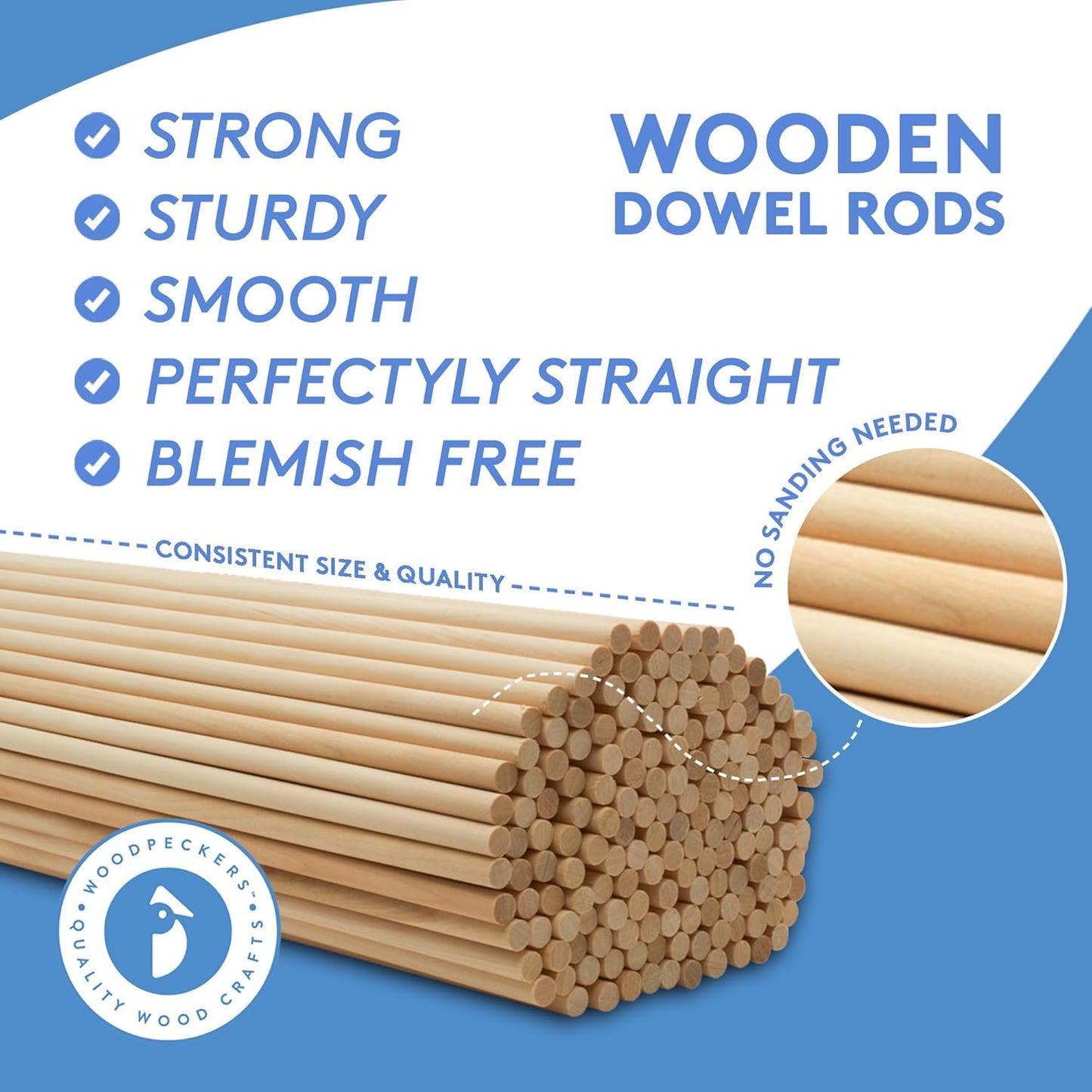 Dowel Rods Wood Sticks Wooden Dowel Rods 5/16 x 18 Inch Unfinished Hardwood Sticks for Crafts and DIYers 250 Pieces by Woodpeckers