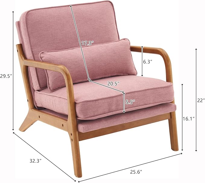 Bonnlo Linen Pink Mid Century Modern Accent Chair, Soild Wood Padding Lounge - Image 2