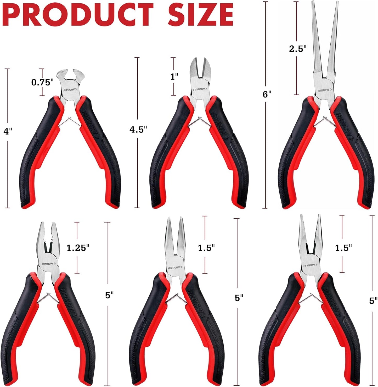 ARROW Mini Pliers Set, 6-Piece Precision Jewelry & Craft Kit – Includes Needle, Diagonal, Long, Bent, End Cutting & Lineman Pliers for Electronics, Crafts & DIY, with Pouch