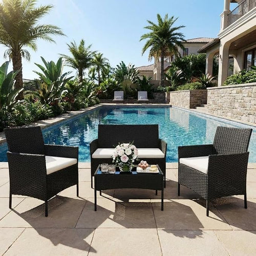 4-Piece Patio Furniture Set, Outdoor Wicker Conversation Set by GarveeHome