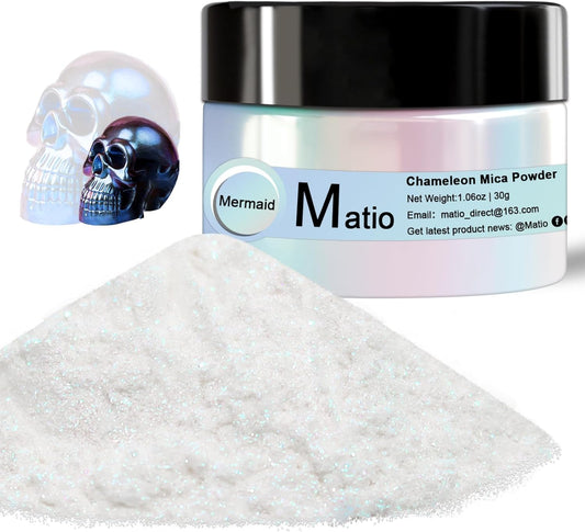 Matio Chameleon Mica Powder, 1.06oz/ 30g Mermaid White Chrome Powder, Pearlescent Effect Color Shift Pigment for Resin Craft, Soap Candle Dye, Nail Art, Makeup, Bath Bomb, Paint, Slime Pigment