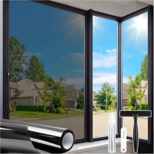 Homein One Way Privacy Window Film with Tool Window Tint for Home See Out Not in Heat Control Sun Blocking Mirror Reflective Anti UV Covering Static Cling No Glue Black-Sliver 35.4 x 157.4 inch
