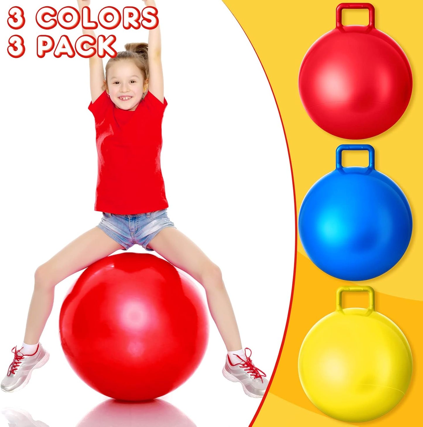 Lewtemi 3 Pcs 22 Inch Bouncing Ball with Handle, Outdoors Hopper Jumping Hopping Ball and Air Pump for Sports Exercise (Red, Blue, Yellow)