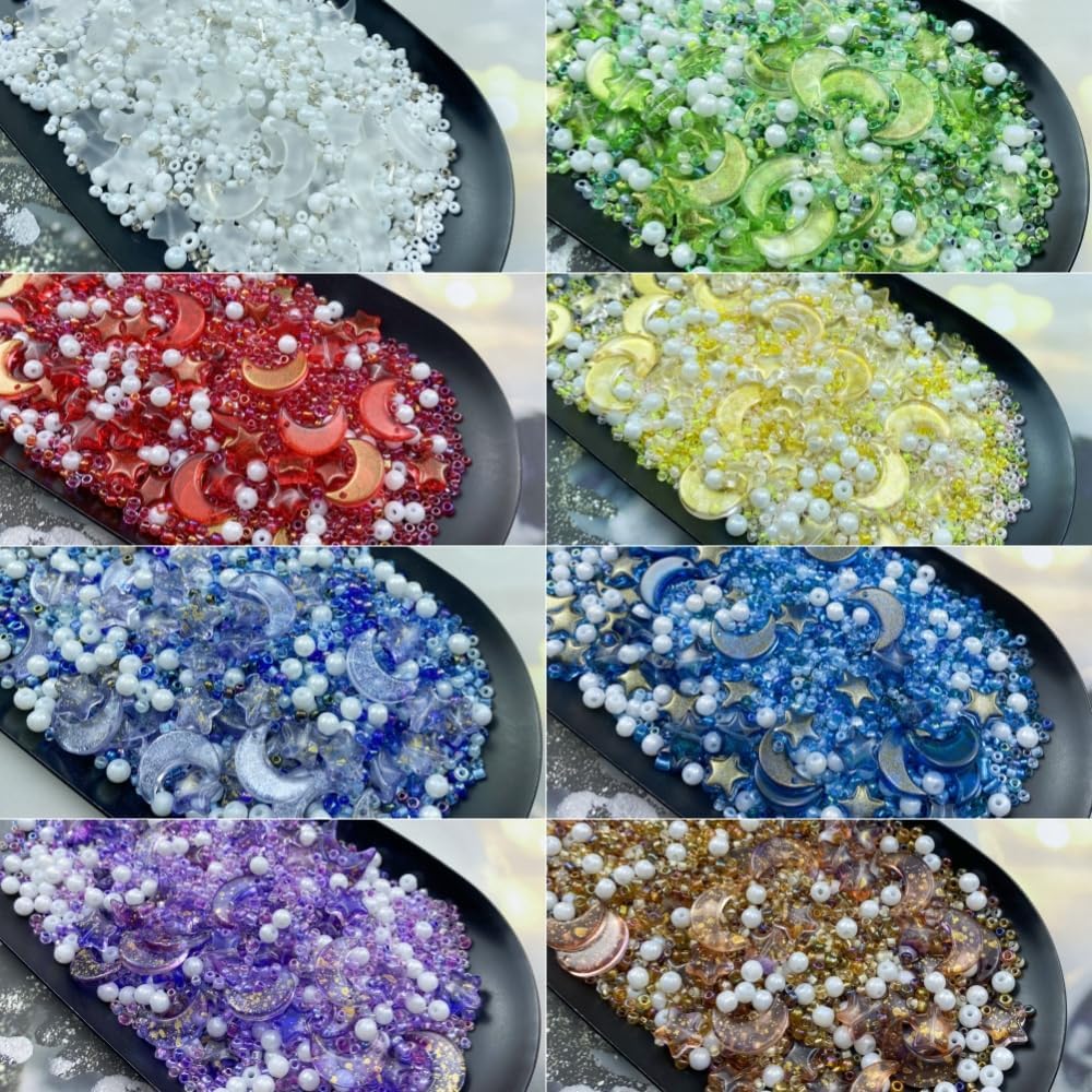 Assorted Glass Beads for Jewelry Making Multi Size Colors Glass Star Moon Seed Pearl Spacer Beads for Bracelets Necklace Earring Making(White Ink Blue)