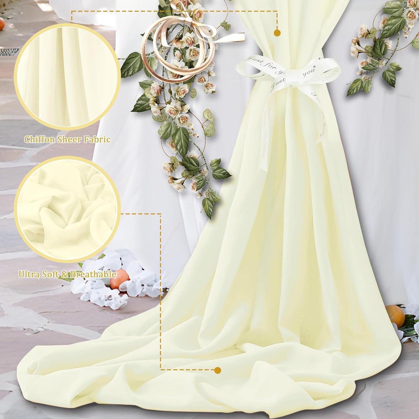 Horbaunal Ivory Chiffon Fabric by The Yard, 1 Yard Continuous Sheer Fabric 59" Wide Soft Draping Fabric for Wedding Arch Draping Party Backdrop DIY Sewing