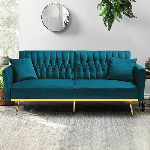 70” Velvet Futon Sofa Bed w/Adjustable Armrests and Backrest, Convertible Futon - Image 2
