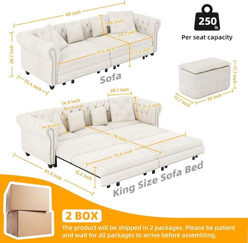 89" Velvet Pull Out Couch Bed - Image 2