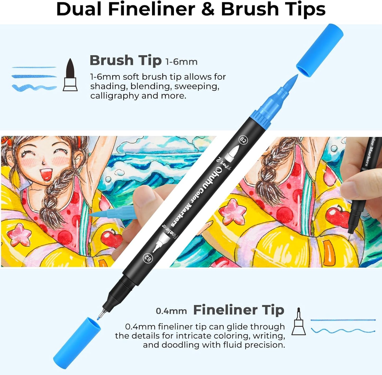 Ohuhu Markers for Adult Coloring Books No Bleeding 120 Colors Coloring Markers Water-based Dual Tips Fineliner & Brush Drawing Pens Art Pens for Kids Adults Sketch Journal - Maui - Black