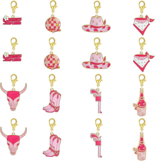 BEEFLYING 16Pcs Cowgirl Stitch Marker Charms for Crocheting and Knitting, 8 Styles Locking Pink Enemal Crochet Knit Stitch Marker Pendant with Leverback Clasp for Knitting Crocheting Accessories