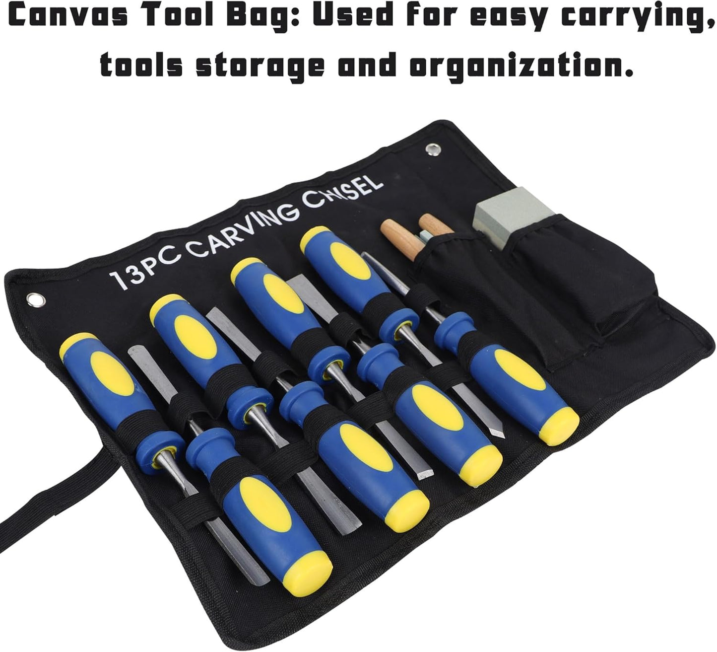 Lulu Home 13 PCS Wood Chisel with Canvas Bag, Wood Carving Tool Set Including Steel Beveled Chisel Tools with Rubber Handles, Rasps and Sharpening Stones for Woodworking