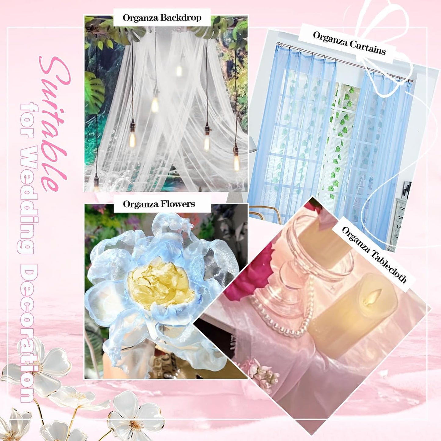 VACVELT Sheer Organza Fabric by The Yard, 60 Inch Wide Light Pink Organza Fabric Bolt Bridal Sheer Tulle Fabric, Silk Organza Roll for Wedding Party Decorations Backdrop Curtain (2 Yards)