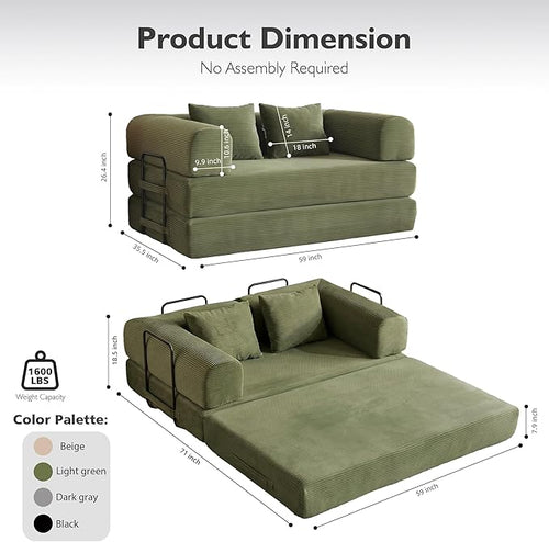 59in Convertible Sofa Bed, Corduroy Boneless Couch Bed, Futon Sleeper Sofa Pull - Image 2