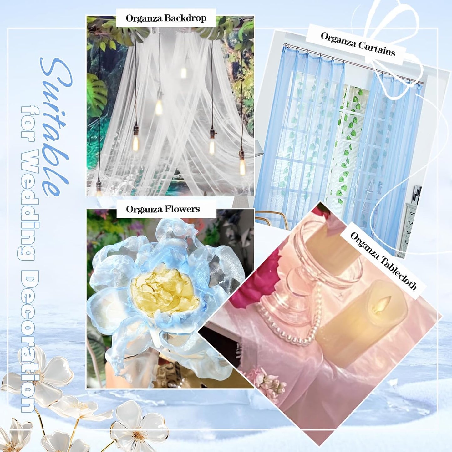 VACVELT Sheer Organza Fabric by The Yard, 60 Inch Wide Light Blue Organza Fabric Bolt Bridal Sheer Tulle Fabric, Silk Organza Fabric Roll for Wedding Party Decorations Backdrop Curtain (1 Yard)