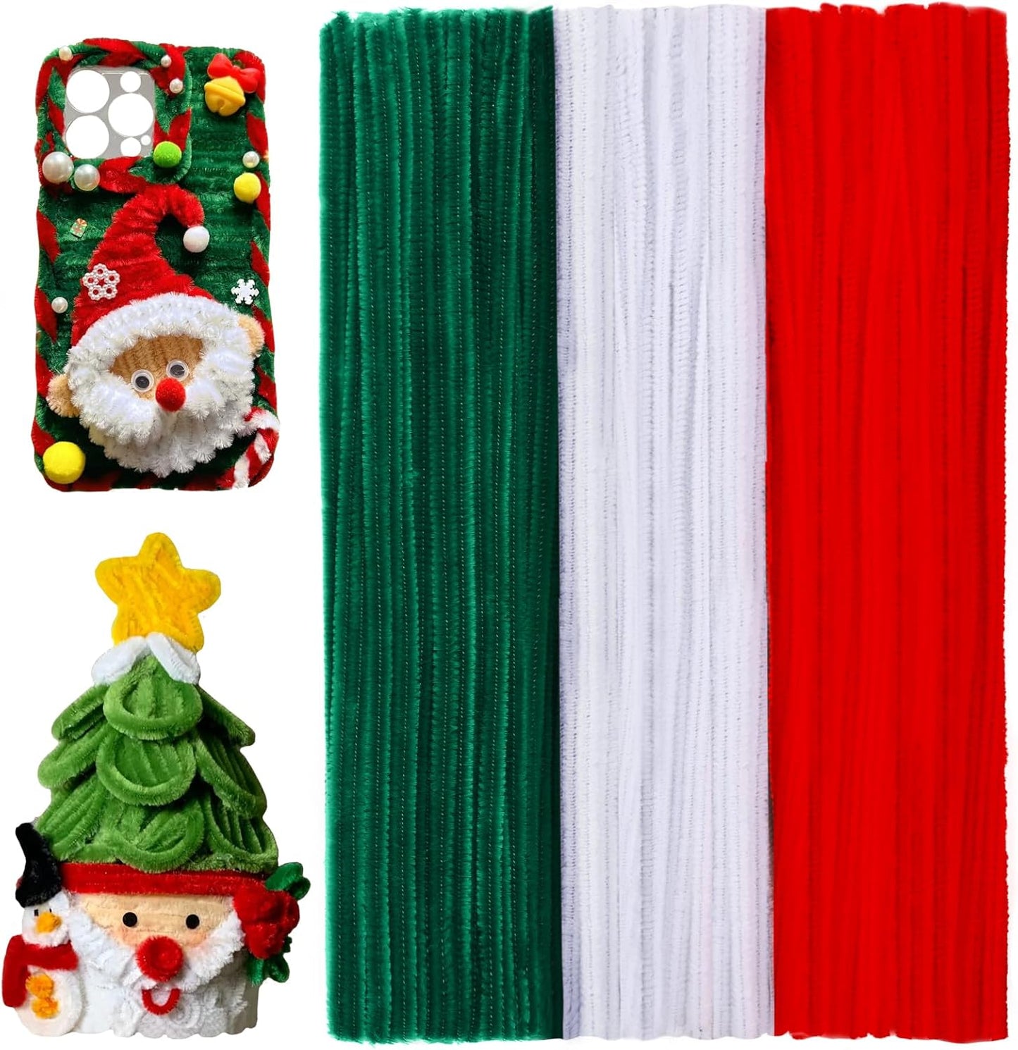 120 Pieces Pipe Chenille Stems, Christmas Solid Color Pipe Cleaners Set for DIY Arts Crafts Decorations (Red+Green+White)