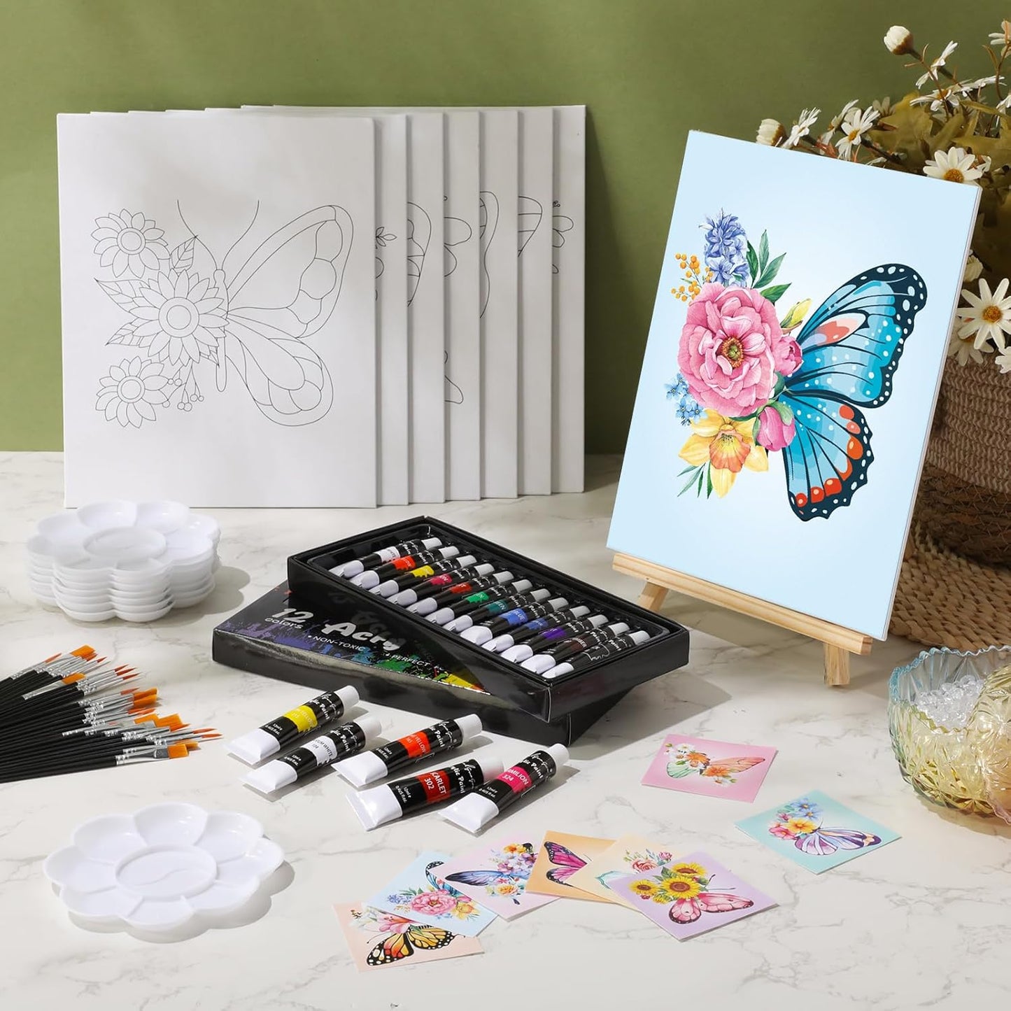 Cholemy 36 Pcs Paint and Sip Kit for Adults 8''x10'' Pre Drawn Canvas for Painting DIY Afro Acrylic Painting Kit Wood Easel Brushes Date Night Bulk for Christmas Party Gifts(Butterfly)