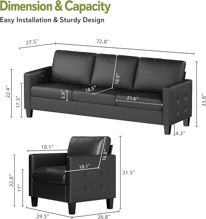 STHOUYN Black Faux Leather 3 Seater Sofa and Accent Chair Set of 2, Modern - Image 2