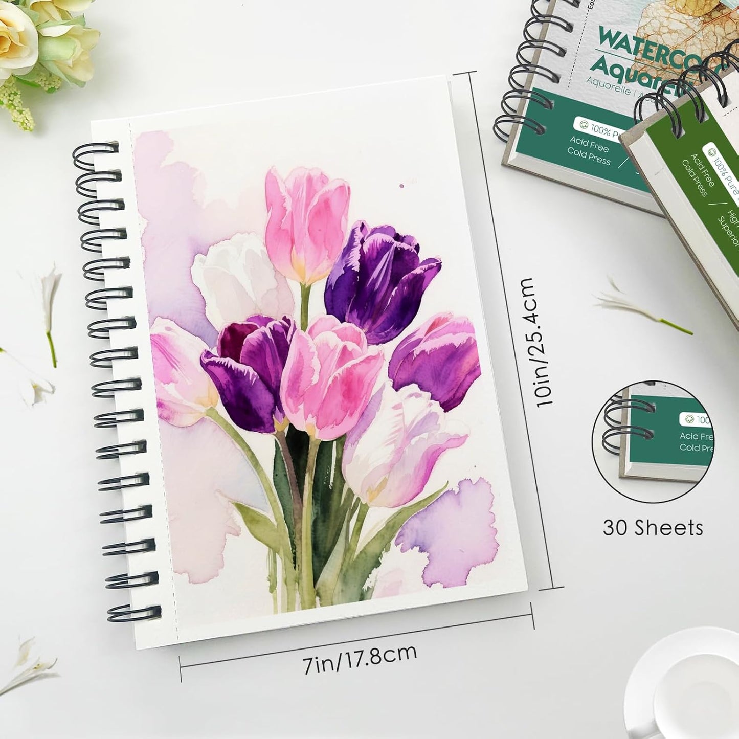 KOVIEDE 100% Cotton Watercolor Paper Pad - 30 Sheets 7"x10" Spiral Bound 140lb/300gsm Cold Press Watercolor Sketchbook, Artist Quality Art Journal Supplies for Adults, Kids & Beginners