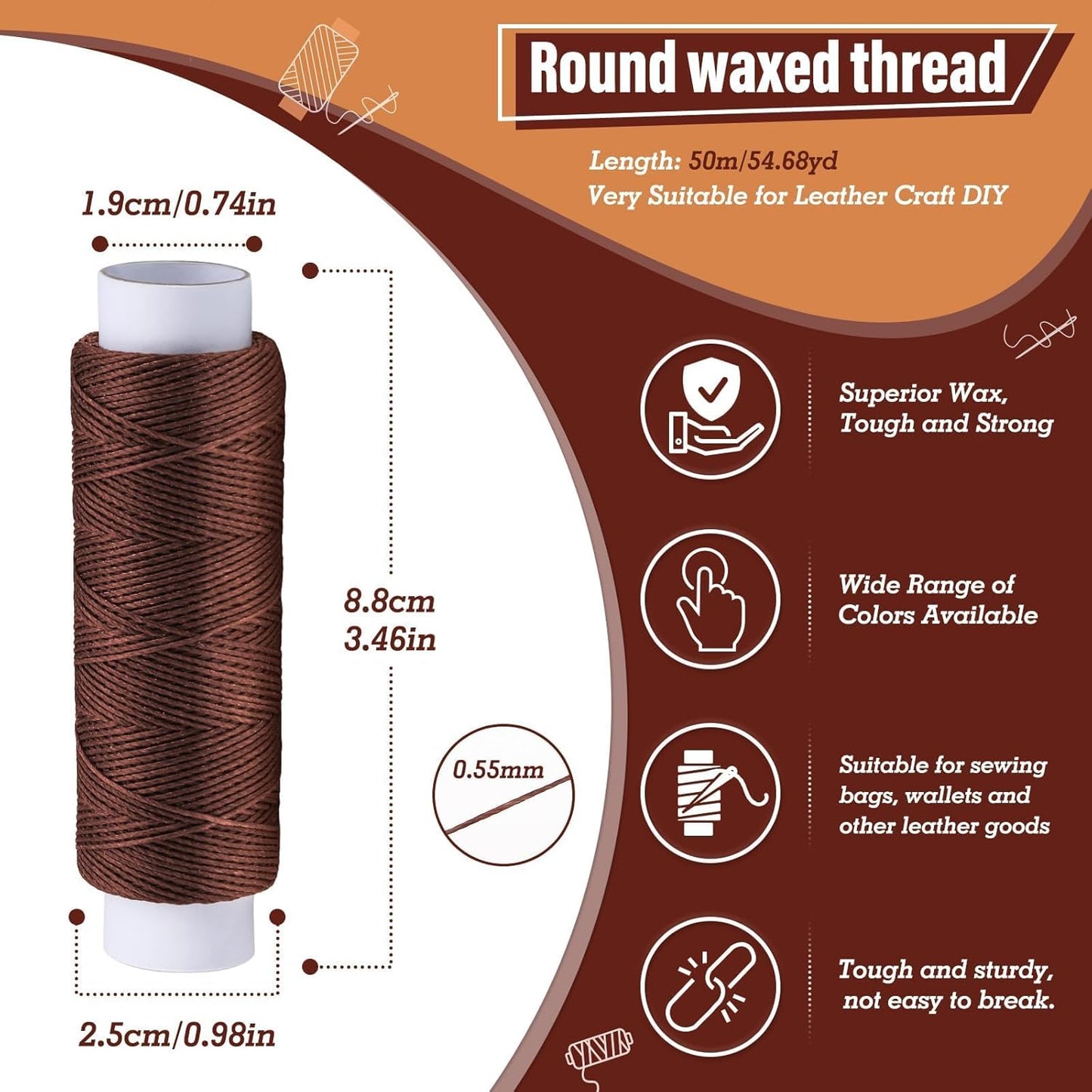 0.55 mm 54 Yards Leather Thread for Sewing, Round Waxed Thread for Stitching, Bookbinding, Bracelet, Braiding (Dark Khaki)