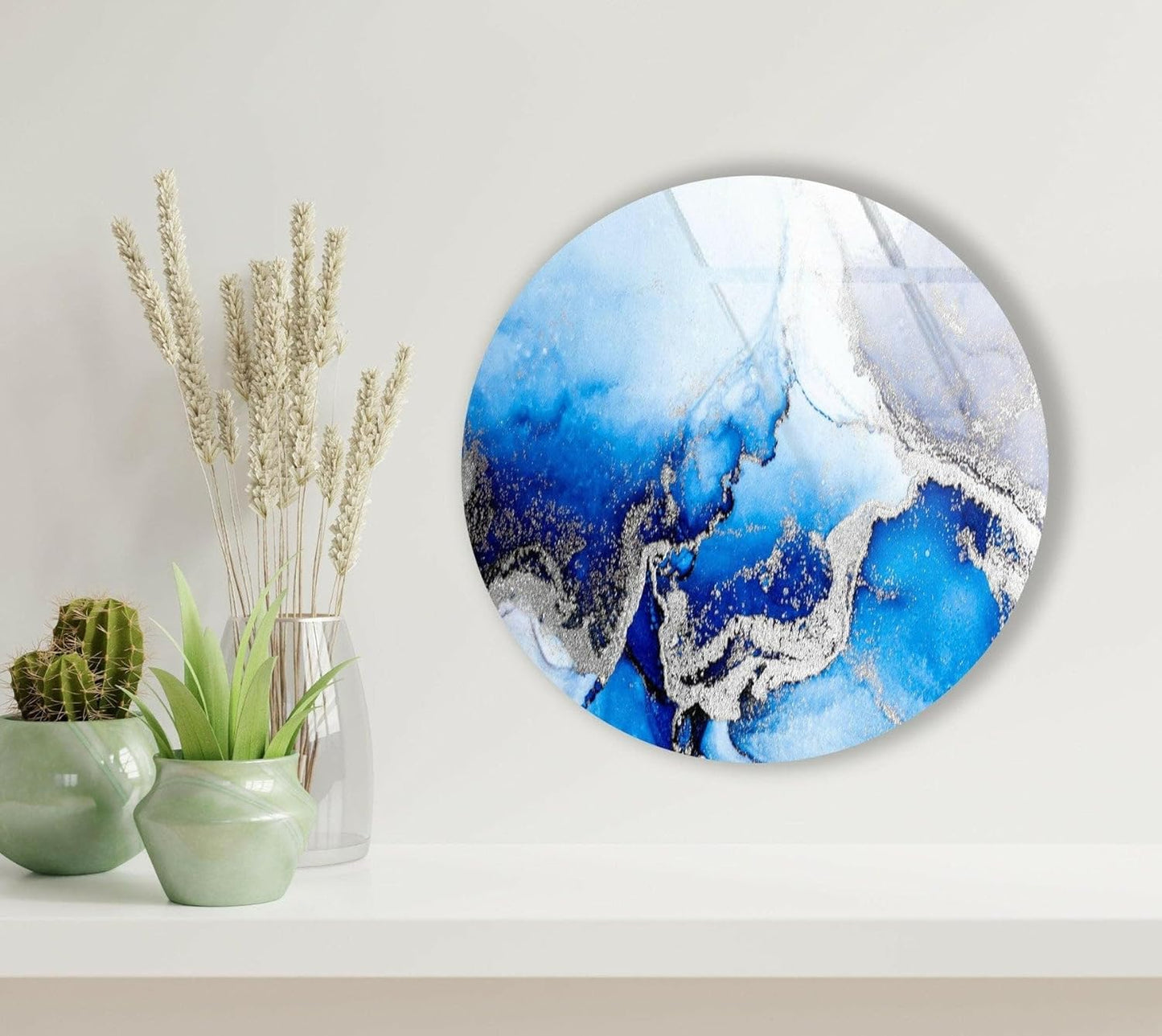 My Photostation.com 39,4''(100cm) Diameter Blue Marble Round with Silver Details Glass Wall Art Tempered Glass Printing Wall Decor Large Wall Art Wall Hangings