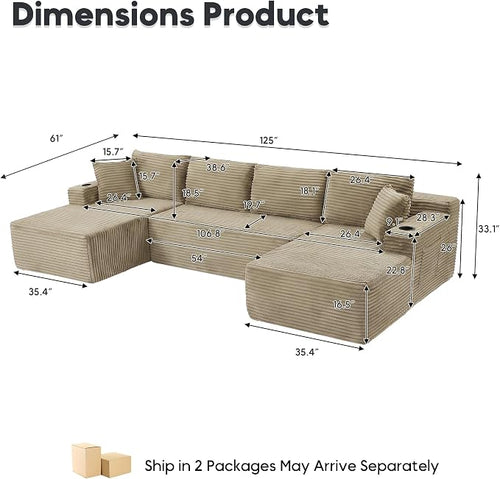 125 Inch Modular Sectional Sofa, Cloud Couch Oversized U Shaped Corduroy Sofa - Image 2