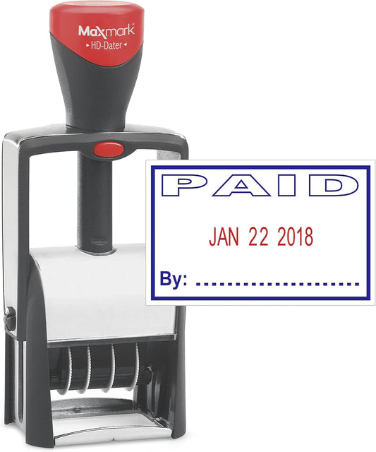 MaxMark Heavy Duty Self Inking Date Stamp with Phrase Paid - 2 Color Blue/Red Ink