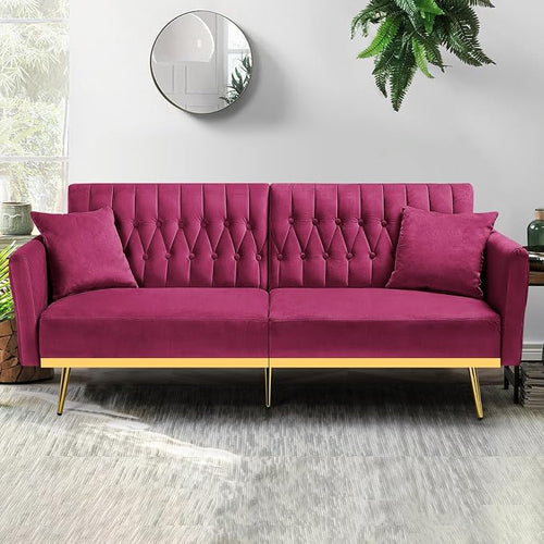 70” Velvet Futon Sofa Bed with 2 Pillows and Adjustable Armrests, Convertible - Image 2