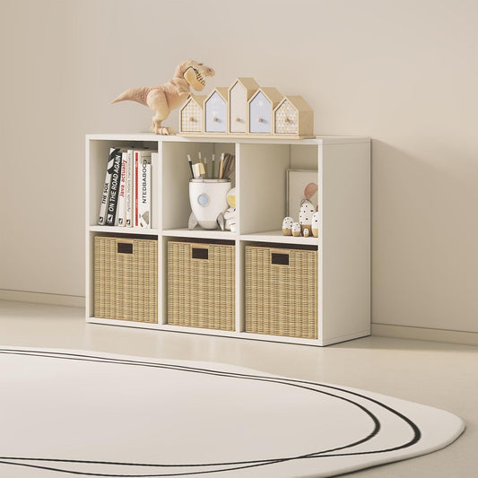 Wood Cube Storage Organizer Closet Cabinet for Living Room Bedroom Study Shelf Bookcase Wooden Floor Standing Open Bookshelf for Kids Home Office Display Storage Cabinet (White, 6-Cube, 11.81in)