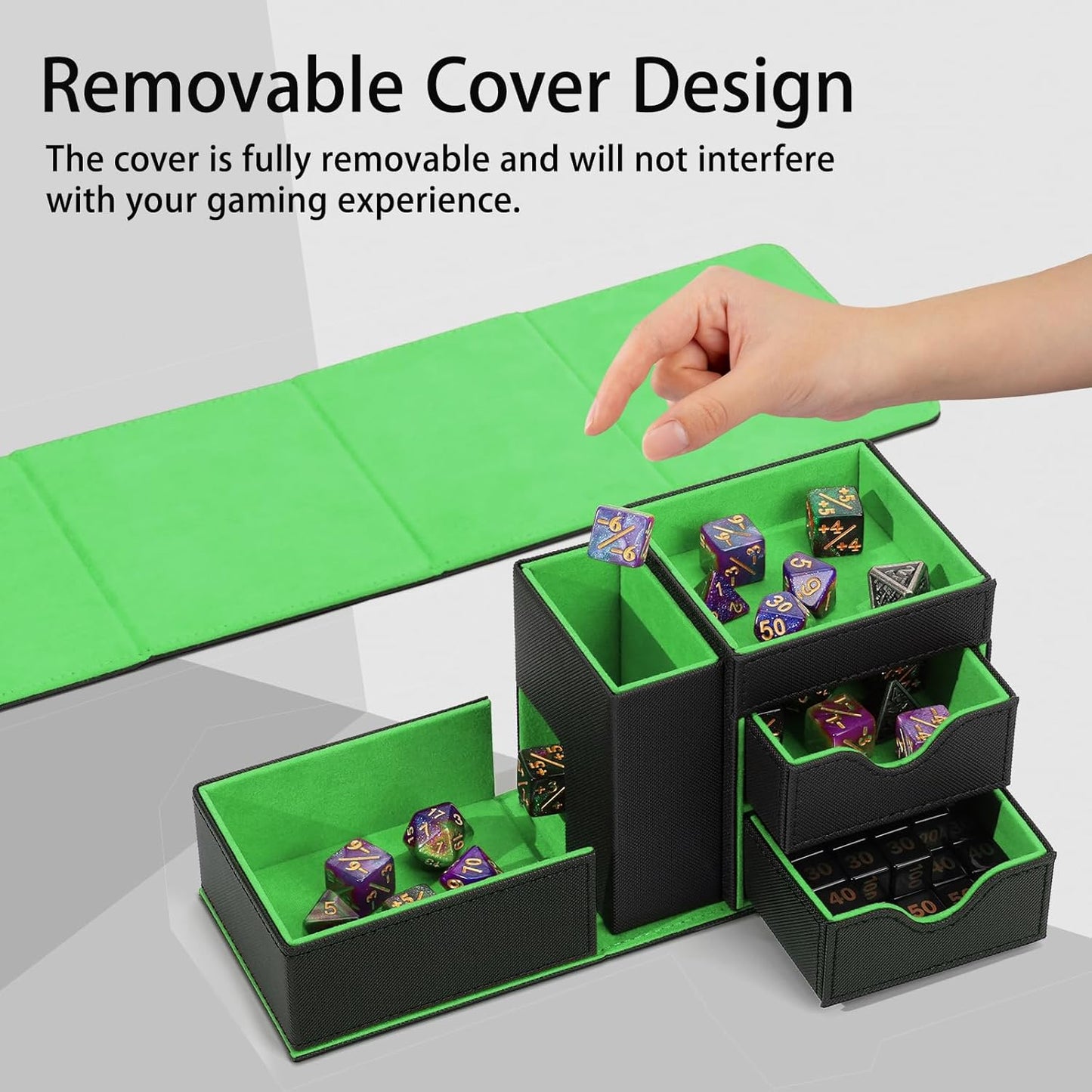 Dice Tower & Tray Storage Box, 3 in 1 Dice Holder Case (Rolling Tower Dice Storage Drawers, Rolling Tray), Leather Magnetic Closure DND Accessories Gifts for RPG MTG, Black/Green