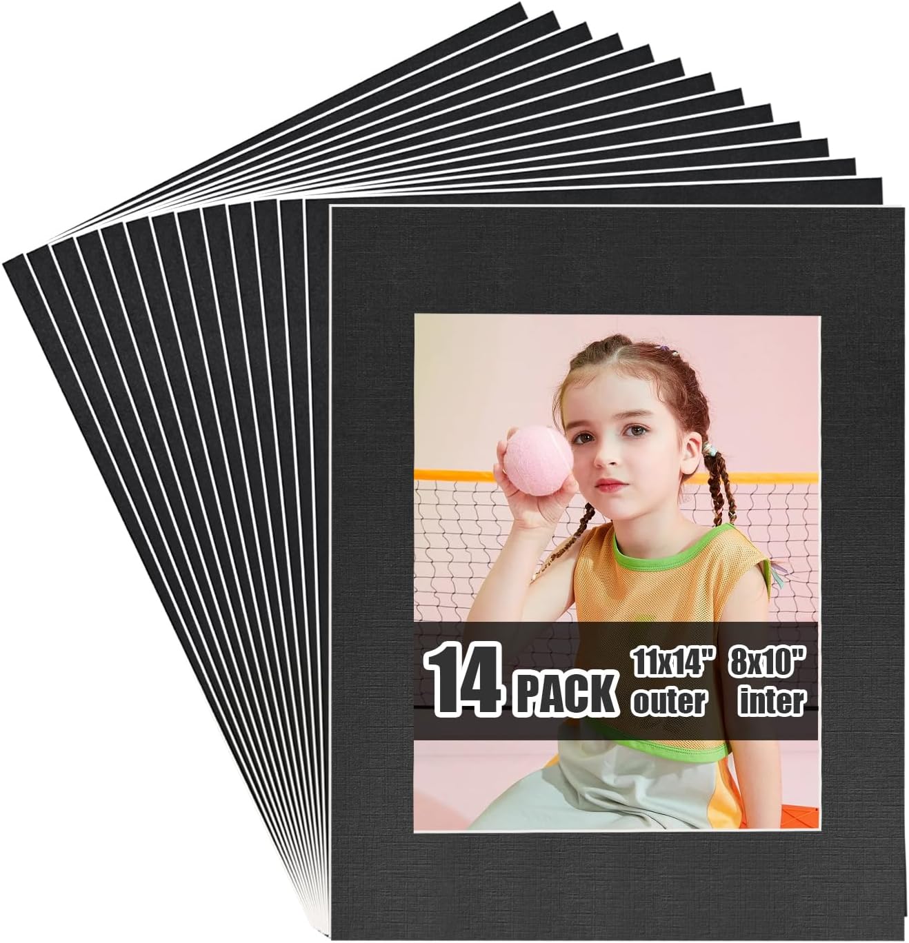 Egofine 11x14 Black Picture Mats Pack of 14, Frame Mattes for 8x10 Pictures, Acid Free, 1.2mm Thickness, with Core Bevel Cut