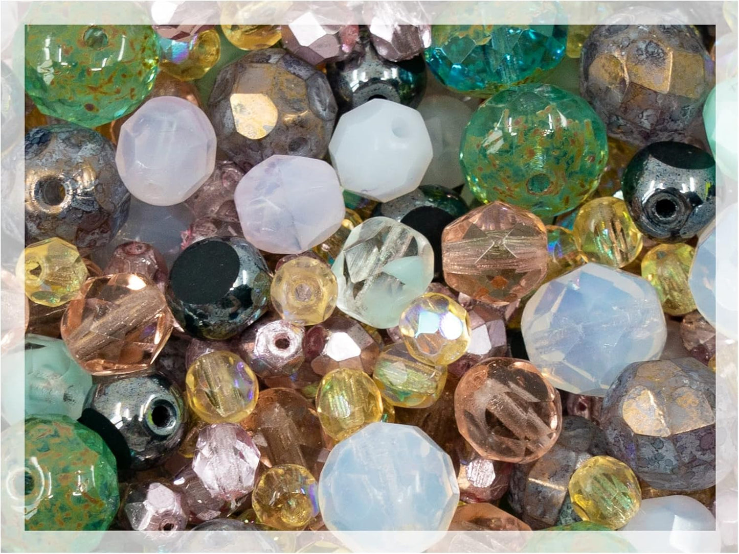 0.9 oz (25g) Gentle Mix of Faceted Fire Polished Czech Glass Beads (Round, Rondelle etc) 4-10mm, Light Pink Teal Yellow Opal