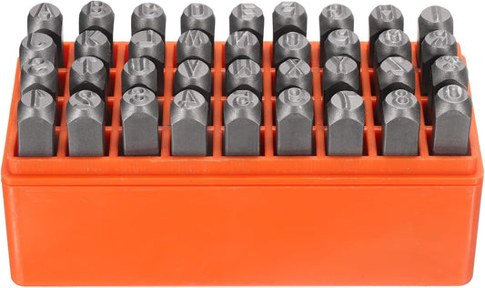 HARFINGTON 36pcs Metal Stamping Kit 5/16" (8mm) Steel Uppercase Letter and Number Punch Set (A-Z / 0-8 / "&" Symbol) Punch Press Tool with Case for Imprinting Metal Plastic Wood Leather