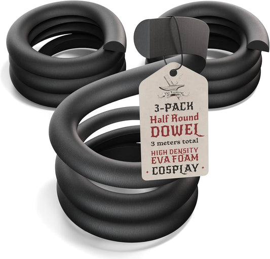 The Foamory's No Waste Half Round EVA Foam Dowel. 3 Pack of 5-25mm x 1M High-Density Black Craft Foam Sticks. Pre-Cut, Paint Ready for Cosplay Armor Trim, Weapon and Costume Design. Time Saving Bevel