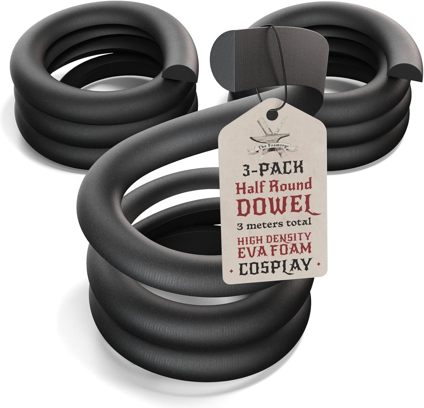 The Foamory's No Waste Half Round EVA Foam Dowel. 3 Pack of 5-25mm x 1M High-Density Black Craft Foam Sticks. Pre-Cut, Paint Ready for Cosplay Armor Trim, Weapon and Costume Design. Time Saving Bevel