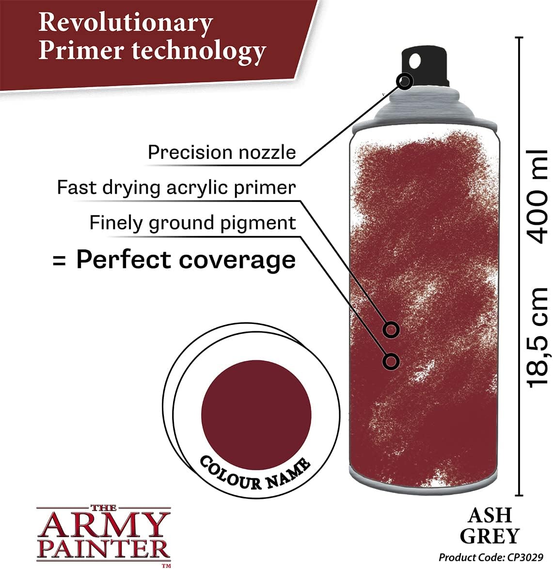 The Army Painter Colour Primer Ash Grey, 400 mL Acrylic Spray Primer, Spray Paint for Miniature Priming Basecoat, Tabletop Roleplaying, Boardgames, and Wargames Miniature Modelling