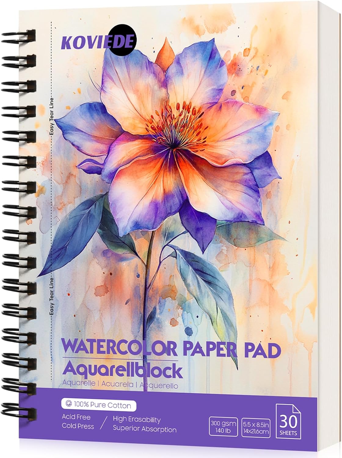 KOVIEDE 100% Cotton Watercolor Paper Pad - 30 Sheets 5.5"x8.5" Spiral Bound, 140lb/300gsm Cold Press Watercolor Sketchbook, Artist Quality Art Journal Supplies for Adults, Kids & Beginners, Purple