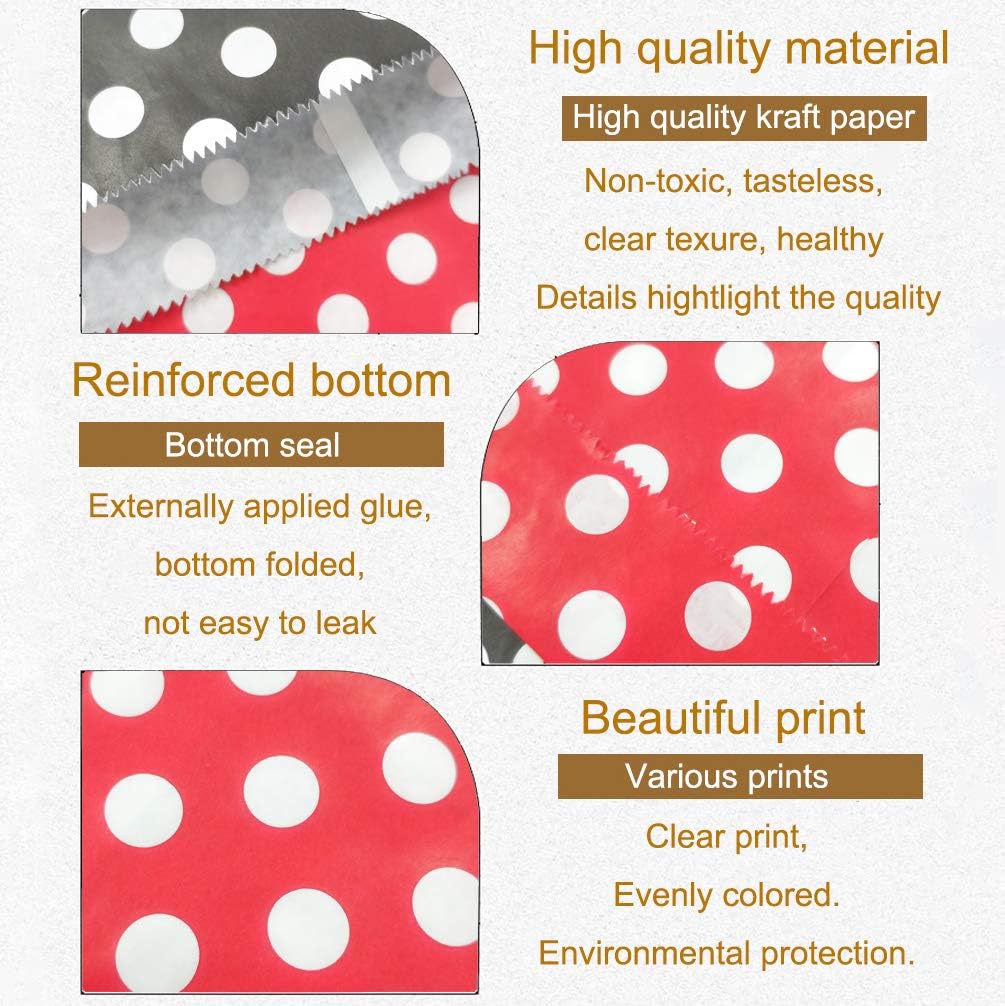 KEYYOOMY 100 Pcs Red and Black Candy Buffet Bags Small Cookie Bag Polka Dot Paper Treat Bag for Wedding Birthday Party (5 inch x 7 inch)