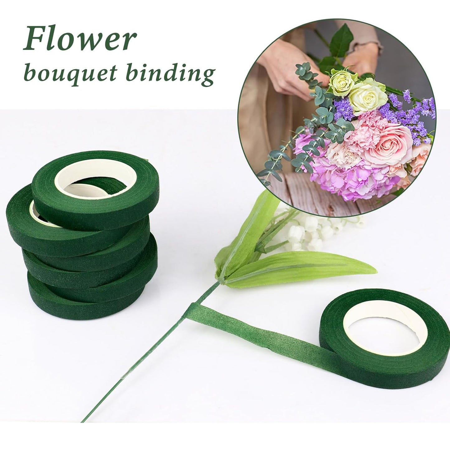BOMEI PACK Dark Green Floral Tape 12 Rolls 1/2 inch x 30yds for Fixing, Decorating Flower Bouquets, and Bouquet Wrapping.