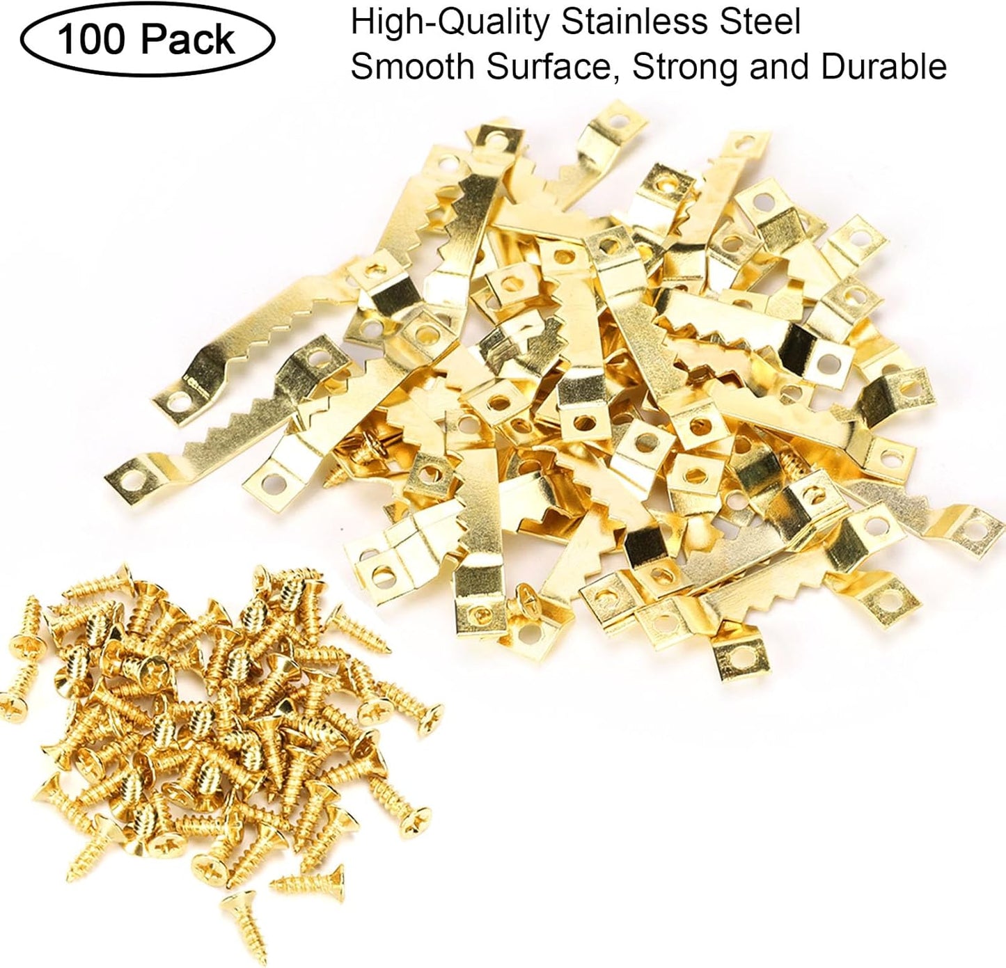 Small Sawtooth Picture Hangers 100 Pack Steel Sawtooth Hangers with Screws for Hanging Canvas Photos Frame Clock Paintings Artwork (Gold)