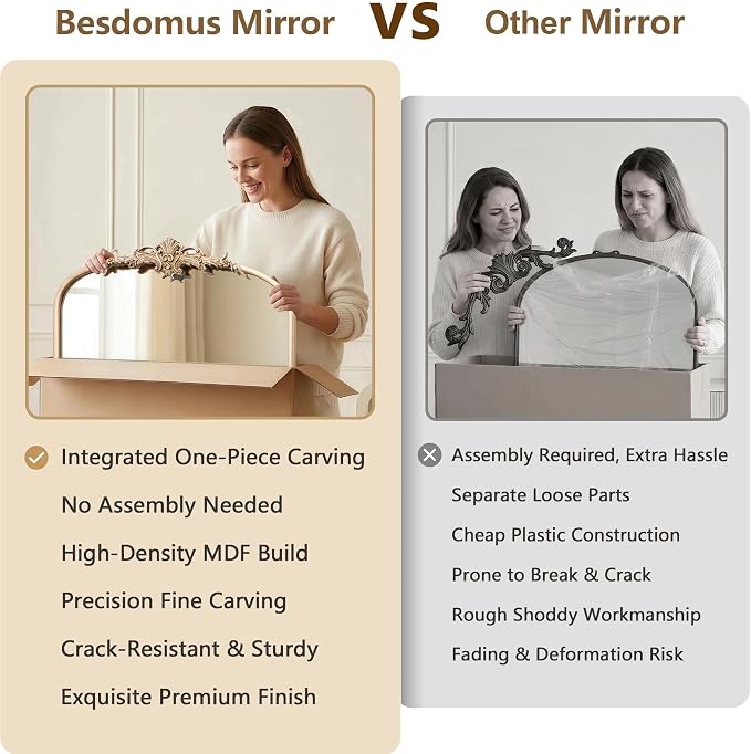 Besdomus Vintage Gold Wall Mirror: 24"x42" French Large Arch Champagne Gold - Image 9